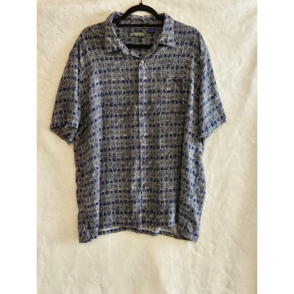 Campia‎ Moda Mens XXL Blue Grey Geometric Rayon Short Sleeve Button Down Shirt